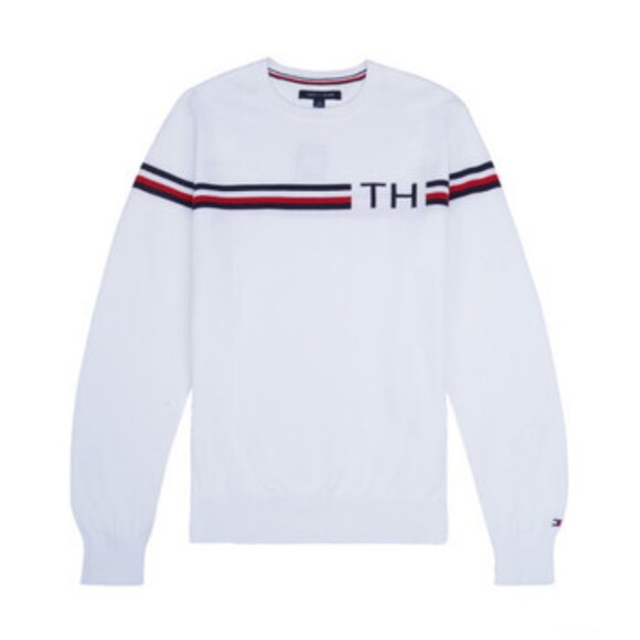 Tommy Hilfiger Men's Stripe Logo Cotton Knit Sweater White L - Picture 1 of 16
